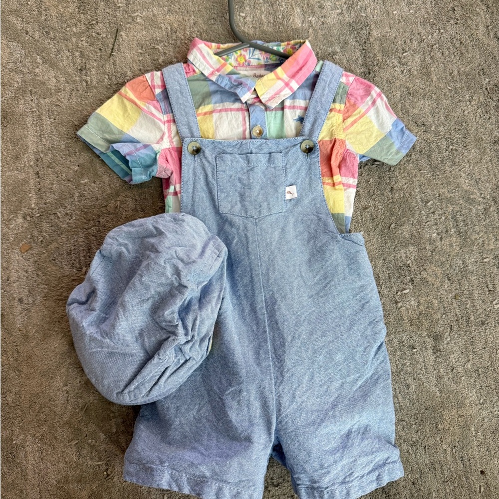Tommy Bahamas Set- Kids Blue Overalls with Plaid Shirt and hat